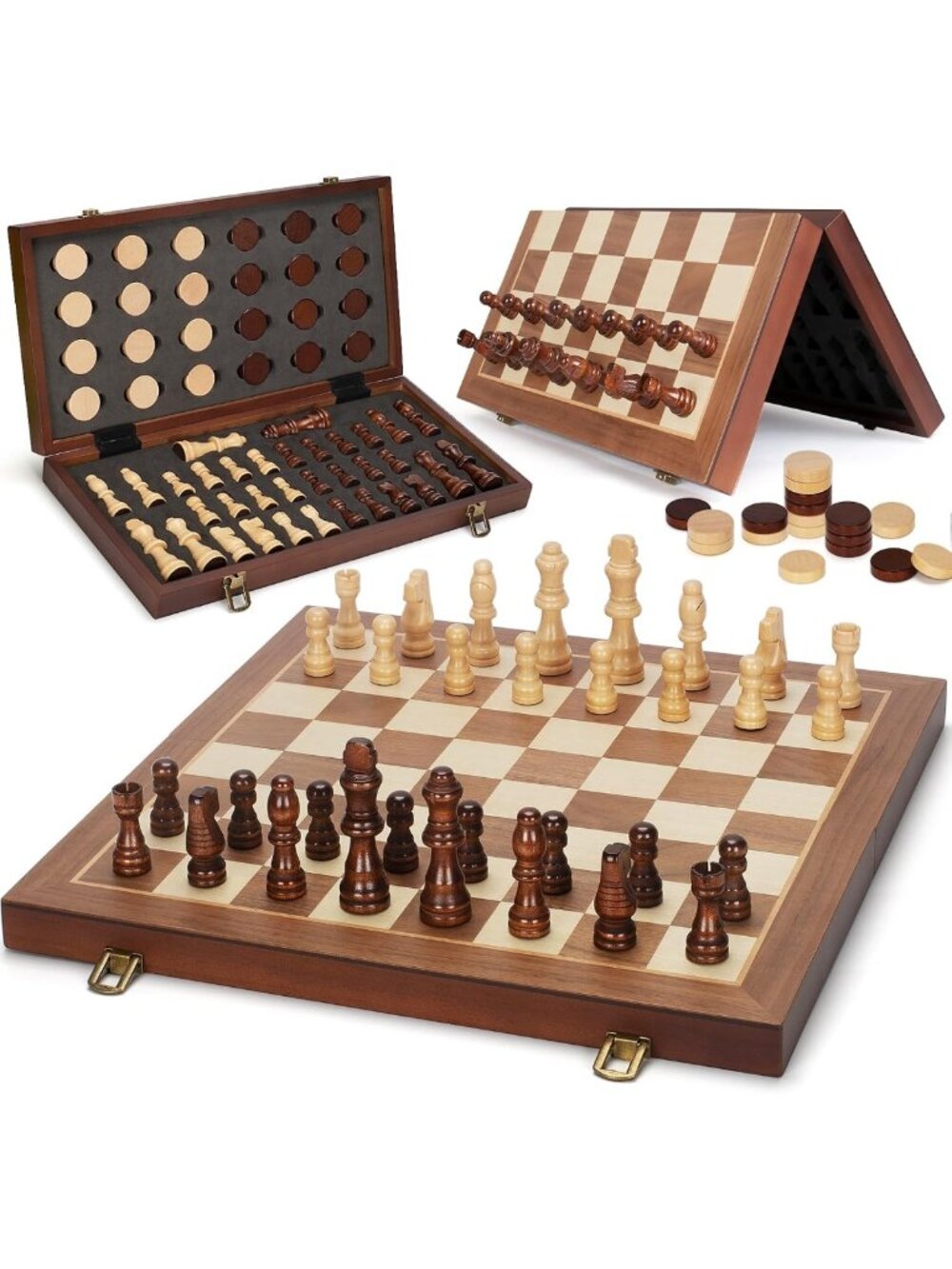 15" Portable 2-in-1 Magnetic Chess & Checkers Set, Wooden Folding Board for
